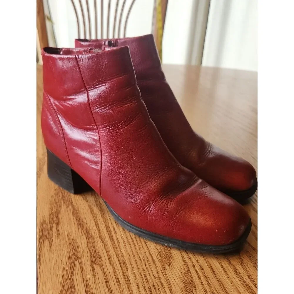 AJ Valenci Women's Red Leather Side-Zip Ankle Boots Round Toe